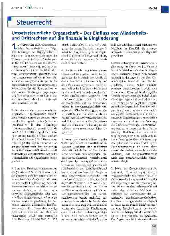 Vorschauseite 1: Umsatzsteuerliche Organschaft - Der Einfluss von Minderheitsund Drittrechten auf die finanzielle Eingliederung