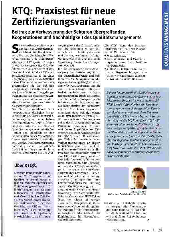 Vorschauseite 1: KTQ: Praxistest für neue Zertifizierungsvarianten