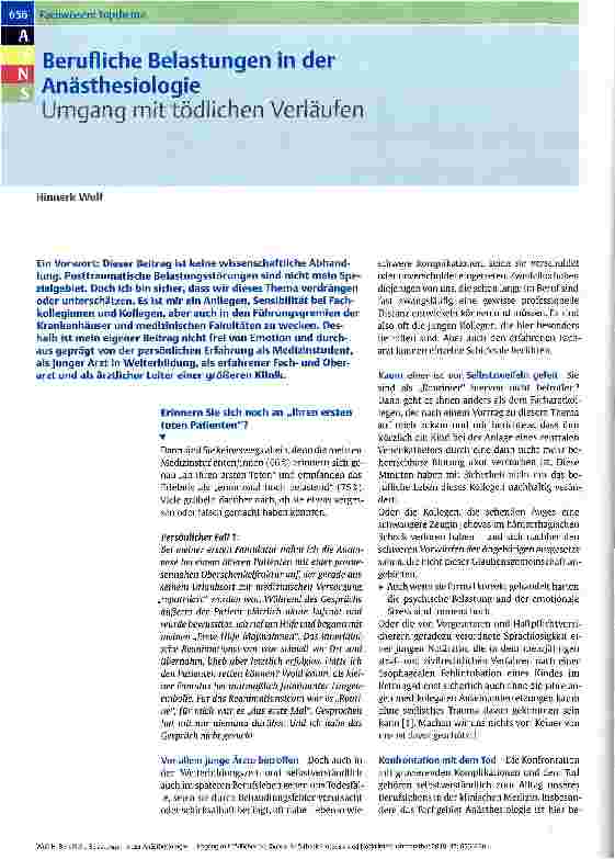 Vorschauseite 1: Berufliche Belastungen in der Anästhesiologie Umgang mit tödlichen Verläufen