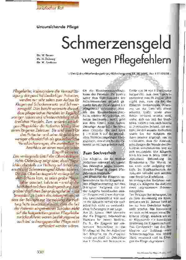 Vorschauseite 1: Schmerzensgeld wegen Pflegefehlern Unzureichende Pflege