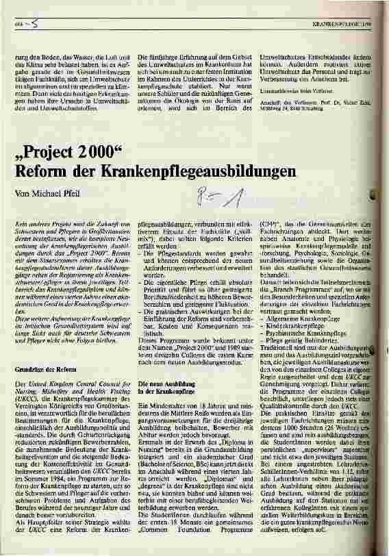 Vorschauseite 1: Projekt 2000 - Reform der Krankenpflegeausbildungen