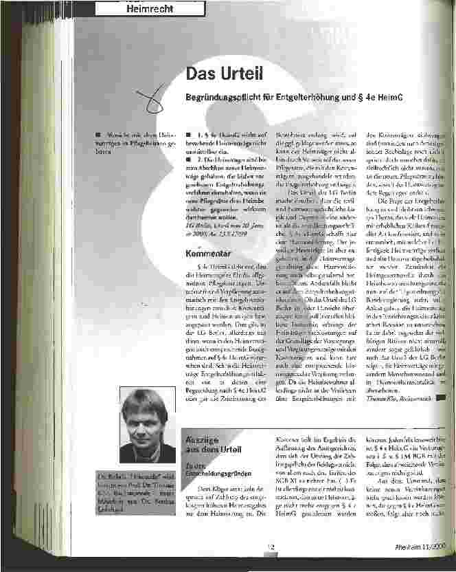 Vorschauseite 1: Das Urteil Begründungspflicht für Entgelterhöhung und § 4e HeimG