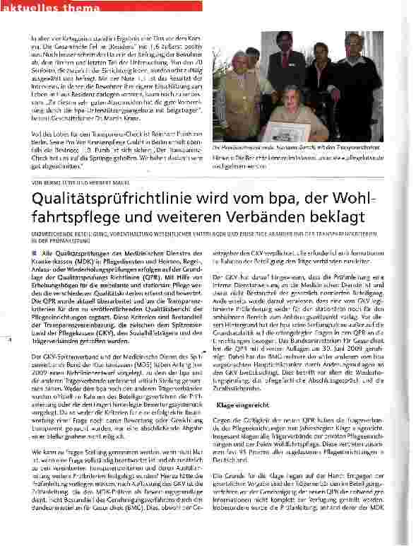 Vorschauseite 1: Qualitätsprüfrichtlinie wird vom bpa, der Wohlfahrtspflege und weiteren Verbänden beklagt
