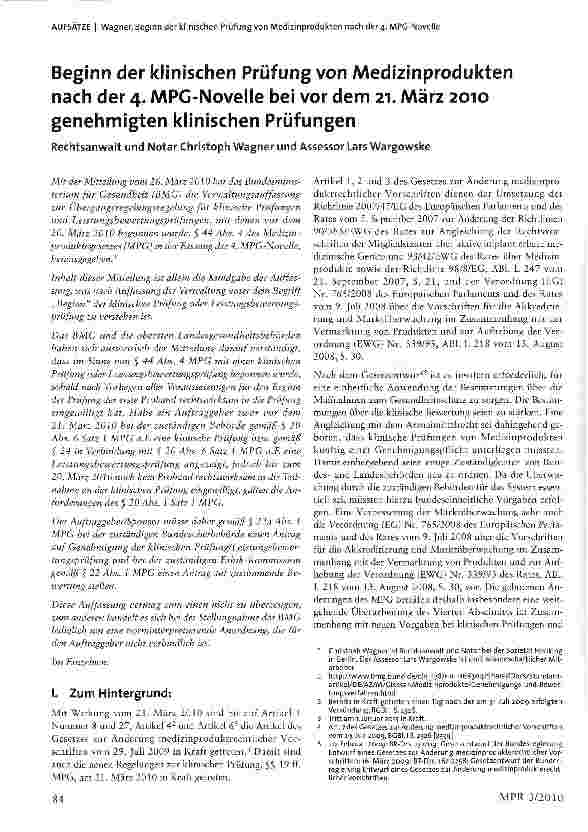Vorschauseite 1: Beginn der klinischen Prüfung von Medizinprodukten nach der 4. MPG-Novelle bei vor dem 21. März 2010 genehmigten klinischen Prüfungen