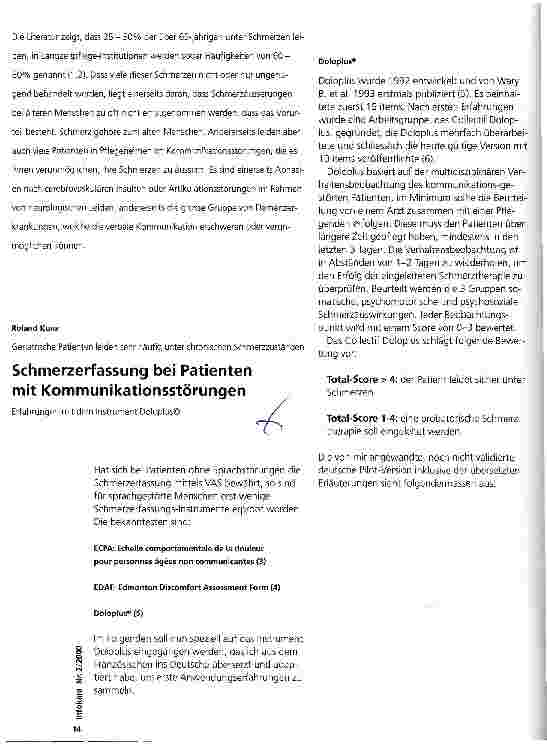Vorschauseite 1: Schmerzerfassung bei Patienten mit Kommunikationsstörungen Erfahrungen mit dem Instrument Dolopuls