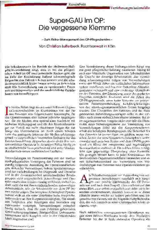 Vorschauseite 1: Super-GAU im OP: Die vergessene Klemme