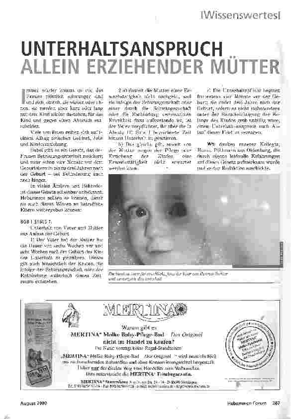 Vorschauseite 1: UNTERHALTSANSPRUCHALLEIN ERZIEHENDER MÜTTER
