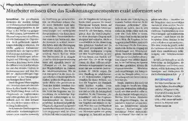 Vorschauseite 1: Pflegerisches Risikomanagement - eine besondere Perspektive (Teil 4) Mitarbeiter müssen über das Risikomanagementsystem exakt informiert sein