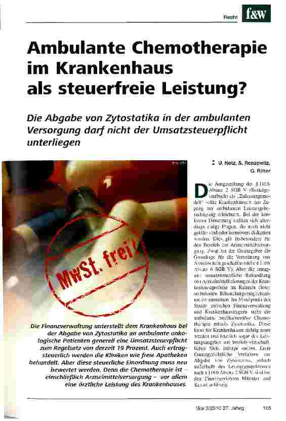 Vorschauseite 1: Ambulante Chemotherapie im Krankenhaus als steuerfreie Leistung?