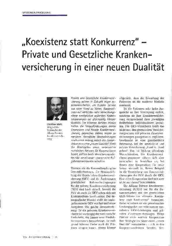 Vorschauseite 1: „Koexistenz statt Konkurrenz -Private und Gesetzliche Krankenversicherung in einer neuen Dualität