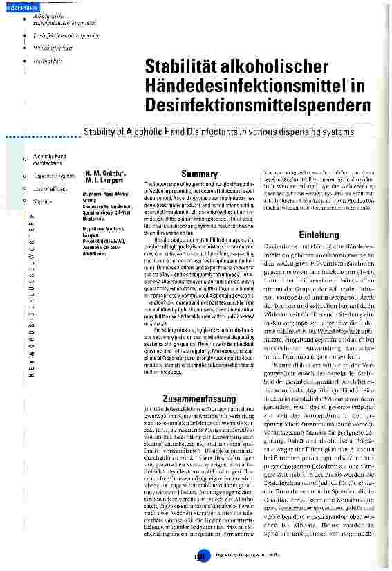 Vorschauseite 1: Stabilität alkoholischer Händedesinfektionsmittel in Desinfektionsmittelspendern