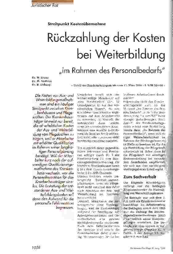 Vorschauseite 1: Rückzahlung der Kosten bei Weiterbildung im Rahmen des Personalbedarfs Streitpunkt Kostenübernahme