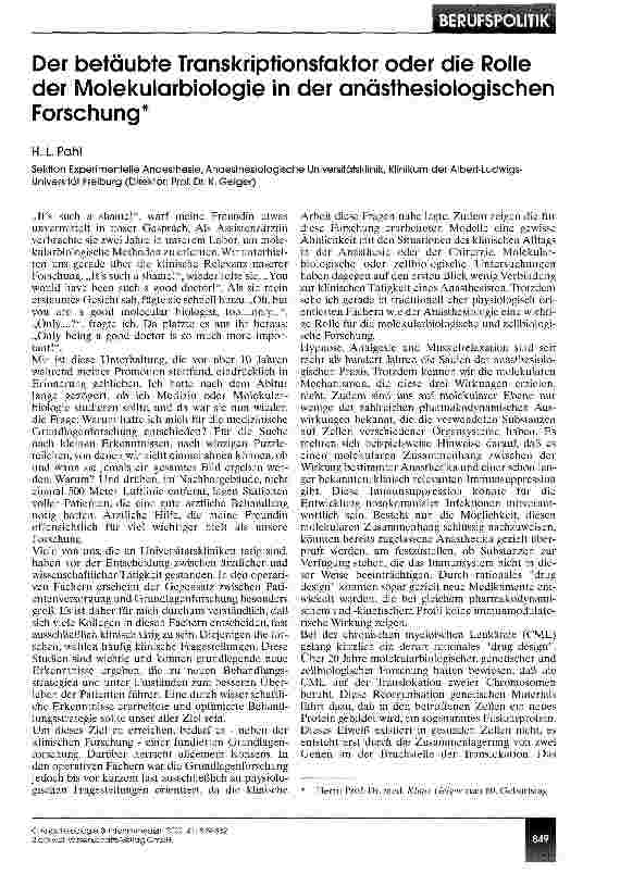 Vorschauseite 1: Der betäubte Transkriptionsfaktor oder die Rolle der Molekularbiologie in der anästhesiologischen Forschung