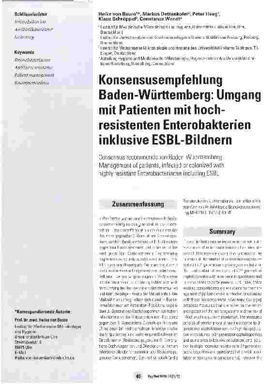 Vorschauseite 1: Konsensusempfehlung Baden-Württemberg: Umgang mit Patienten mit hoch-resistenten Enterobakterien inklusive ESBL-Bildnern