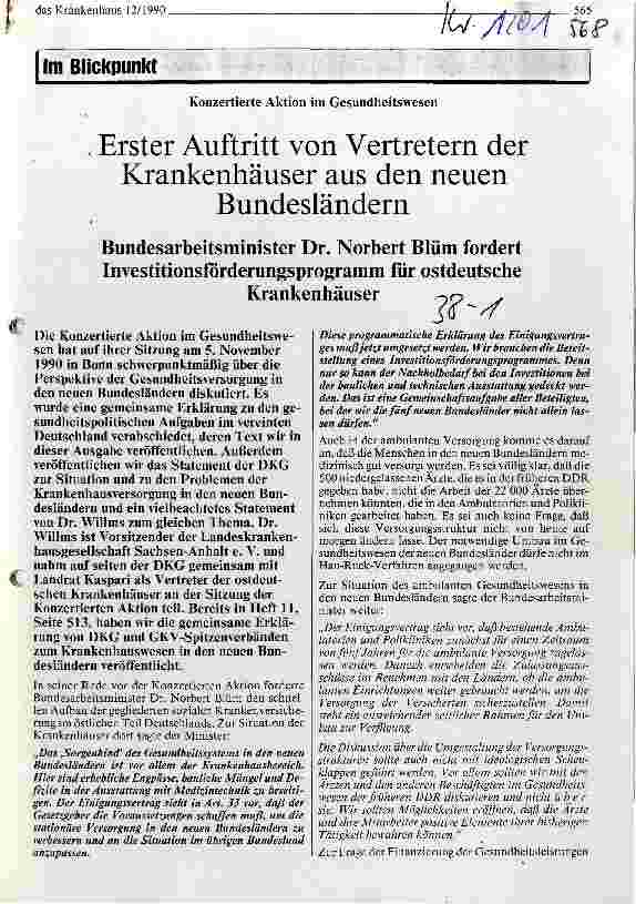 Vorschauseite 1: Erster Auftritt von Vertretern der Krankenhäuser aus den neuen Bundesländern - Bundesarbeitsminister Blüm fordert Investitionsprogramm