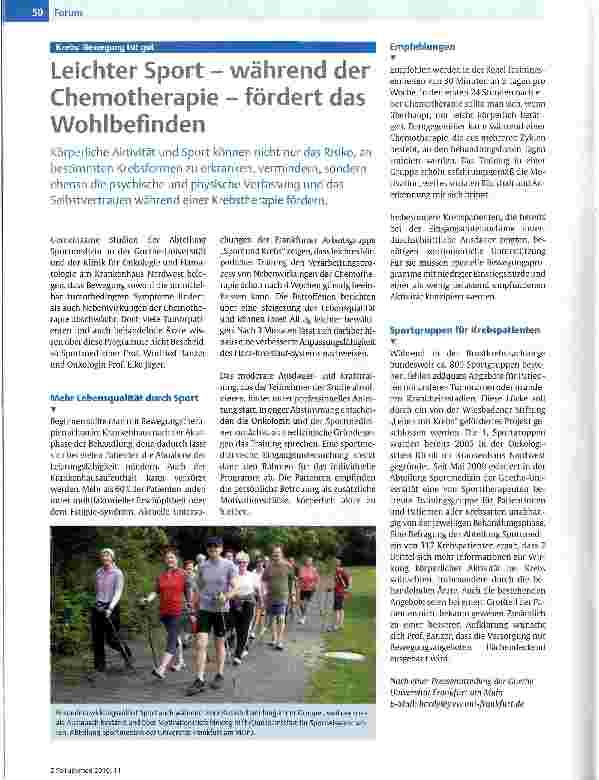 Vorschauseite 1: Leichter Sport - während der Chemotherapie - fördert das Wohlbefinden