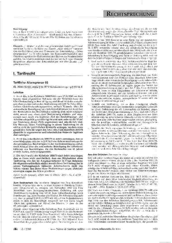 Vorschauseite 1: Tarifliche Altersgrenze 65RL 2000/78 EG; AGG § 10; RTV Gebäudereinigung § 19 Nr. 8