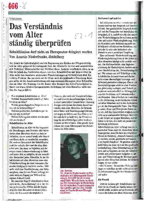 Vorschauseite 1: Rehabilitation: Das Verständnis vom Alter ständig überprüfen. Rehabilitation darf nicht an Therapeuten delegiert werden