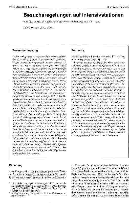 Vorschauseite 1: Besuchsregelungen auf Intensivstationen Eine Literaturstudie englischsprachiger Veröffentlichungen von 1984-1998