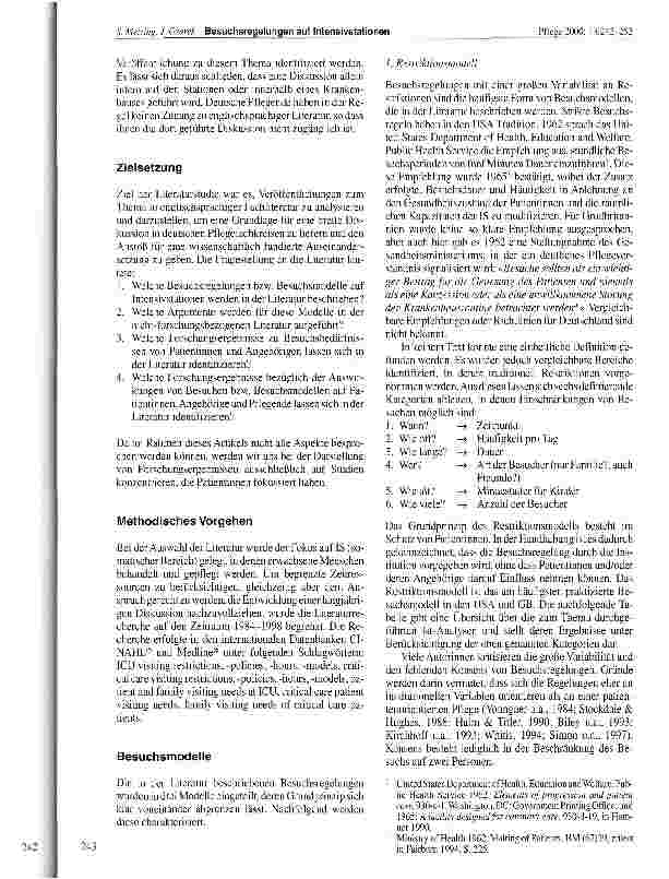 Vorschauseite 2: Besuchsregelungen auf Intensivstationen Eine Literaturstudie englischsprachiger Veröffentlichungen von 1984-1998