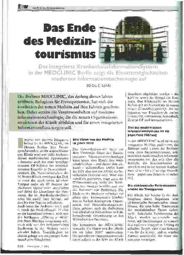 Vorschauseite 1: Das Ende des Medizintourismus Das integrierte KrankenhausInformationsSystem in der MEOCLINIC Berlin