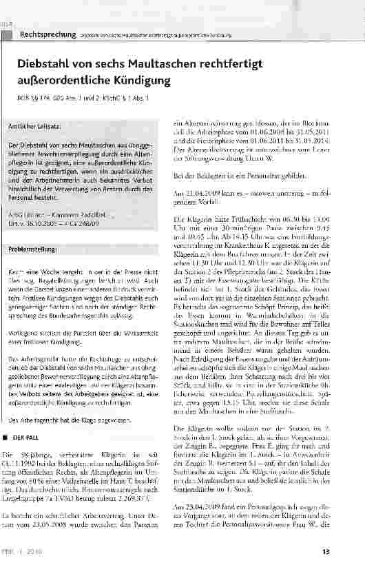 Vorschauseite 1: Diebstahl von sechs Maultaschen rechtfertigt außerordentliche Kündigung
