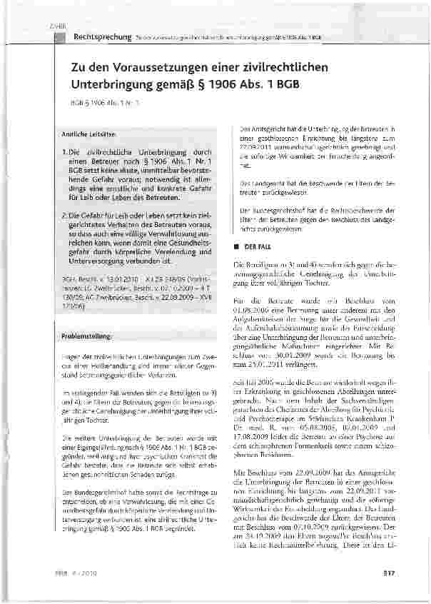 Vorschauseite 1: Zu den Voraussetzungen einer zivilrechtlichen Unterbringung gemäß § 1906 Abs. 1 BGB