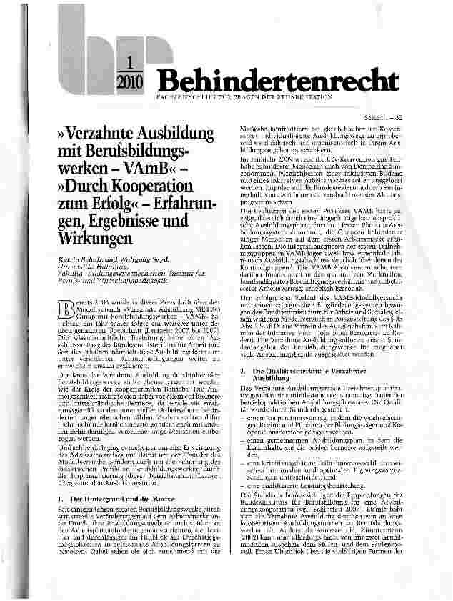 Vorschauseite 1: Verzahnte Ausbildung mit Beruf sbildungs-werken - VAmB« -»Durch Kooperation zum Erfolg« - Erfahrungen, Ergebnisse und Wirkungen