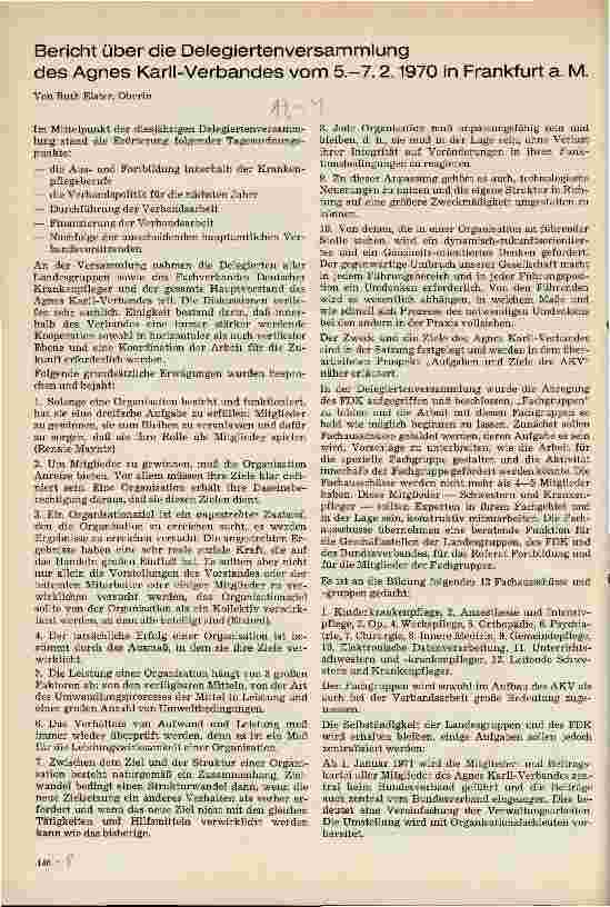 Vorschauseite 1: Bericht über die Delegiertenversammlungdes Agnes Karll-Verbandes vom 5.-7.2.1970 in Frankfurt a. M