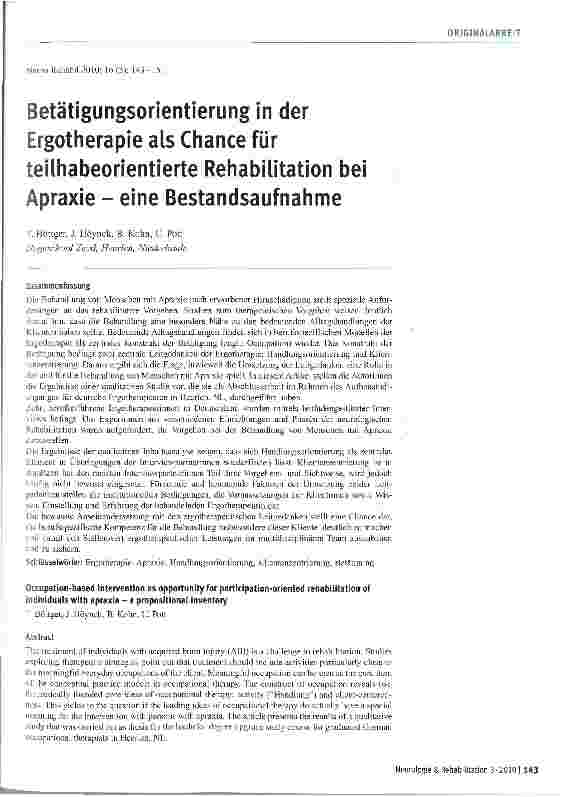 Vorschauseite 1: Betätigungsorientierung in der Ergotherapie als Chance für teilhabeorientierte Rehabilitation bei Apraxie - eine Bestandsaufnahme
