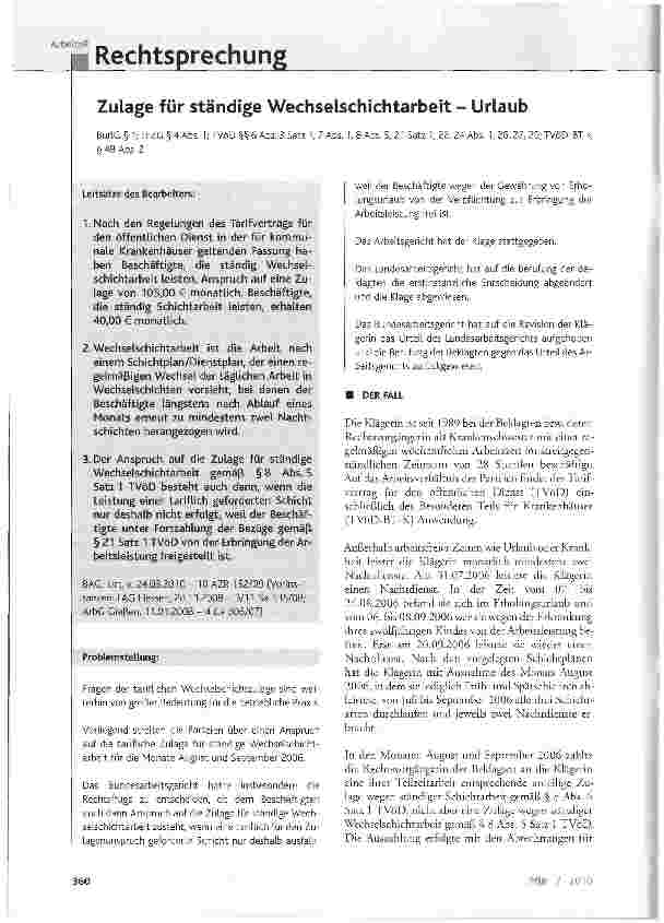 Vorschauseite 1: Zulage für ständige Wechselschichtarbeit - Urlaub