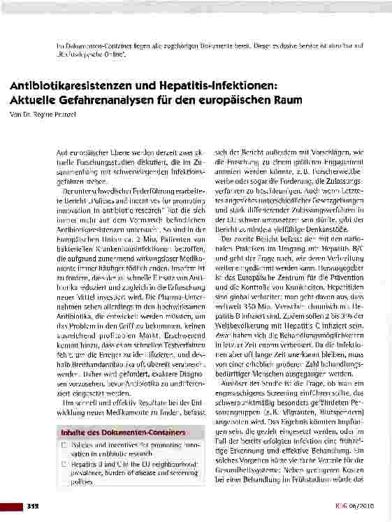 Vorschauseite 1: Antibiotikaresistenzen und Hepatitis-Infektionen: Aktuelle Gefahrenanalysen für den europäischen Raum