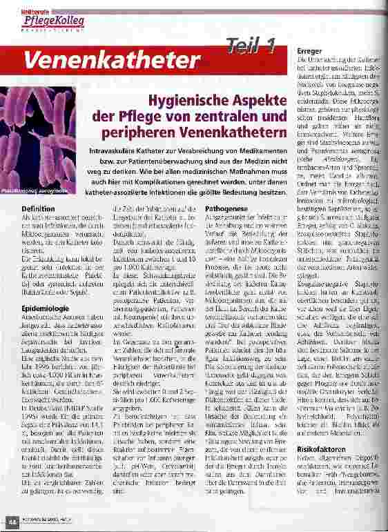 Vorschauseite 1: Venenkatheter Teil 1: Hygienische Aspekte der Pflege von zentralen und peripheren Venenkathetern