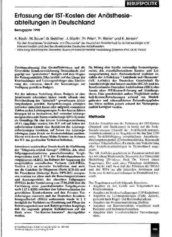 Vorschauseite 1: Erfassung der IST-Kosten der Anästhesieabteilungen in Deutschland Bezugsjahr 1998