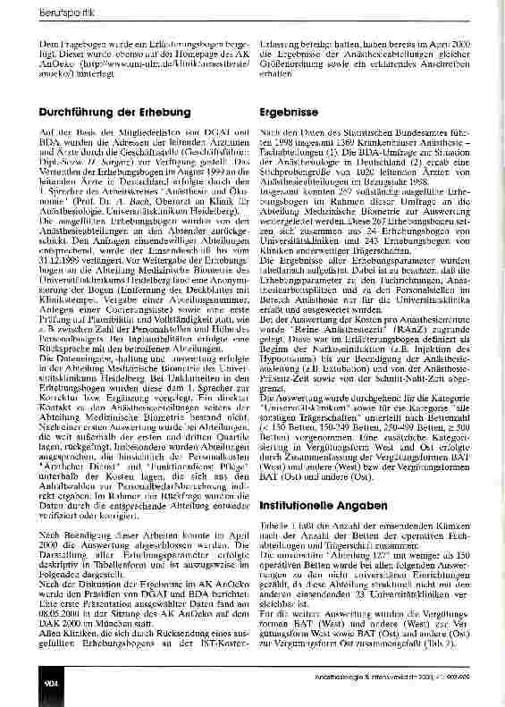 Vorschauseite 2: Erfassung der IST-Kosten der Anästhesieabteilungen in Deutschland Bezugsjahr 1998