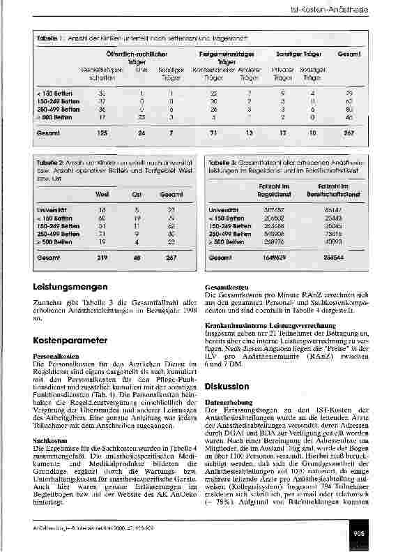 Vorschauseite 3: Erfassung der IST-Kosten der Anästhesieabteilungen in Deutschland Bezugsjahr 1998
