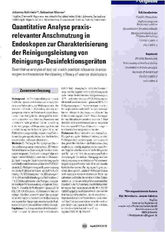 Vorschauseite 1: Quantitative Analyse praxisrelevanter Anschmutzung in Endoskopen zur Charakterisierung der Reinigungsleistung von Reinigungs-Desinfektionsgeräten