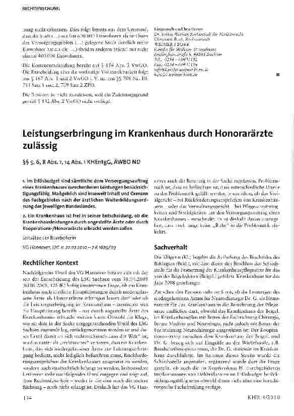 Vorschauseite 1: Leistungserbringung im Krankenhaus durch Honorarärzte zulässig§§ 5, 6, 8 Abs. l, 14 Abs. l KHEntgG, ÄWBO ND