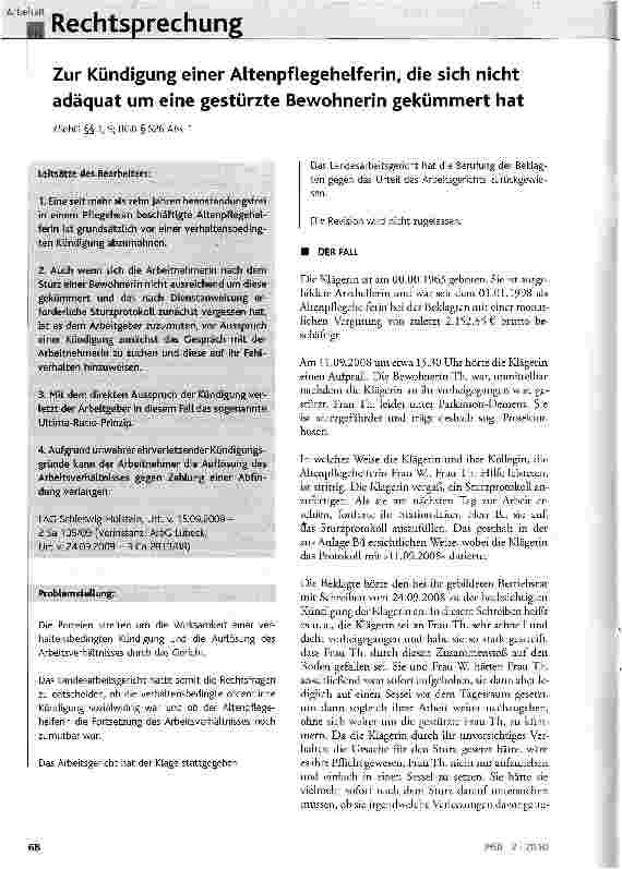 Vorschauseite 1: Zur Kündigung einer Altenpflegehelferin, die sich nicht adäquat um eine gestürzte Bewohnerin gekümmert hat