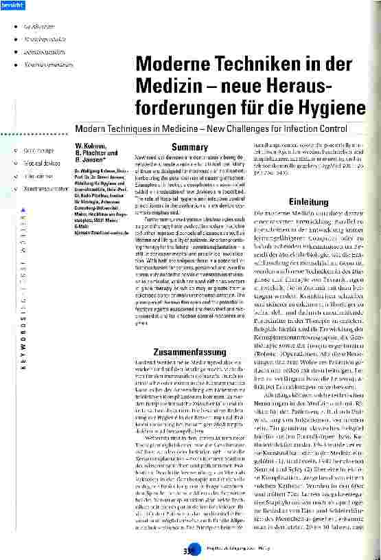 Vorschauseite 1: Moderne Techniken in der Medizin - neue Herausforderungen für die Hygiene