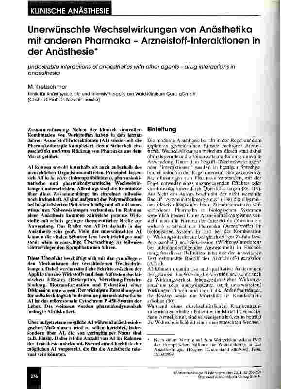 Vorschauseite 1: Unerwünschte Wechselwirkungen von Anästhetika mit anderen Pharmaka Arzneistoff-Interaktionen in der Anästhesie