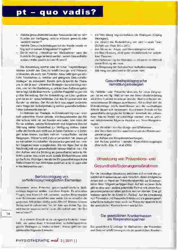 Vorschauseite 2: Gesundheit und Prävention Neue Wege für die PT