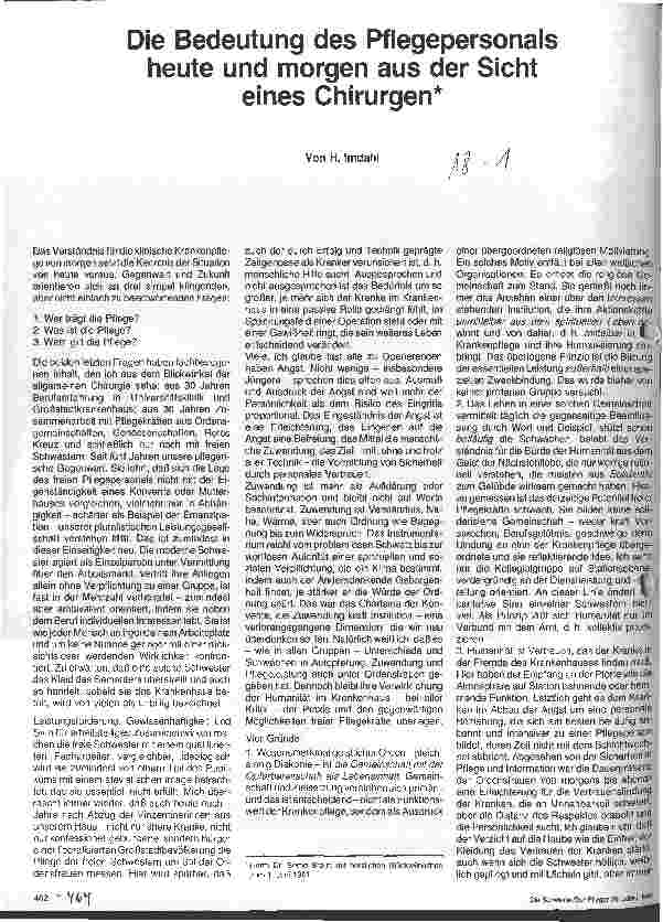 Vorschauseite 1: Die Bedeutung des Pflegepersonals heute und morgen aus der Sicht der Chirurgie