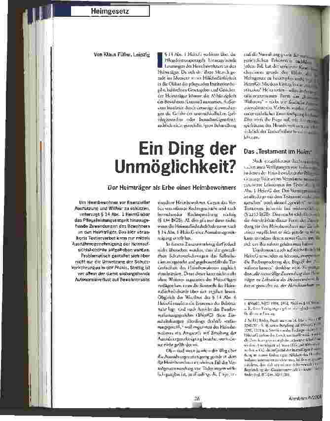 Vorschauseite 1: Ein Ding der Unmöglichkeit? Der Heimträger als Erbe eines Heimbewohners
