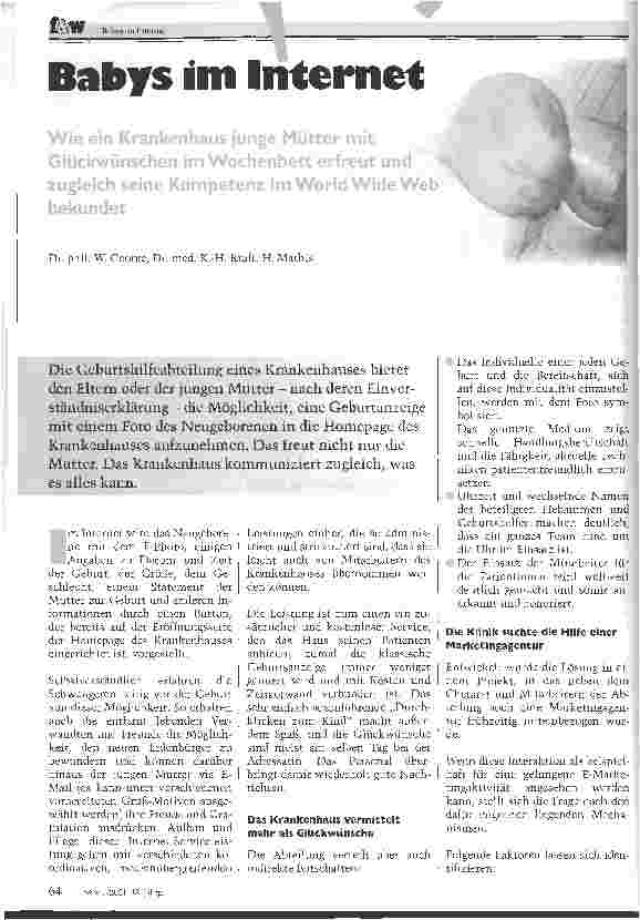 Vorschauseite 1: Babys im InternetWie ein Krankenhaus junge Mütter mit Glückwünschen im Wochenbett erfreut und zugleich seine Kompetenz im World Wide Web bekundet