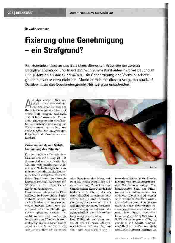 Vorschauseite 1: BewohnerschutzFixierung ohne Genehmigung - ein Strafgrund?