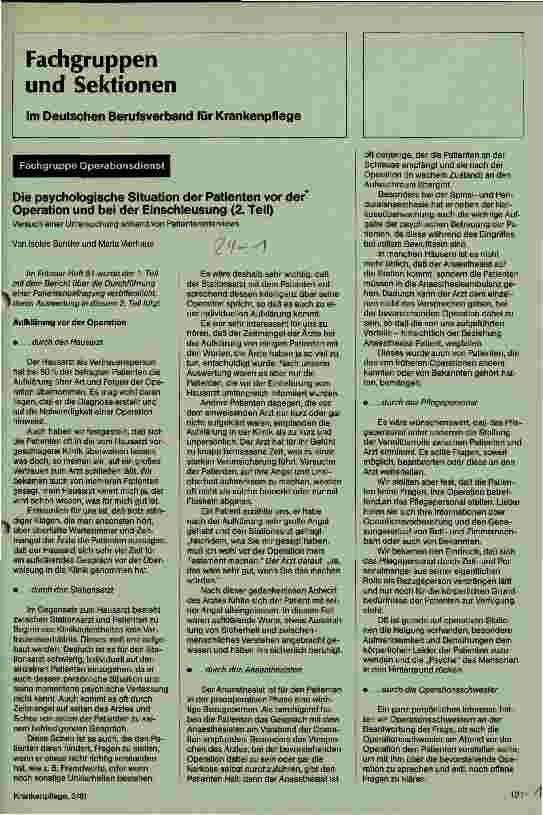 Vorschauseite 1: Die psychologische Situation der Patienten vor der Operation und bei der Einschleusung ( 2. Teil )