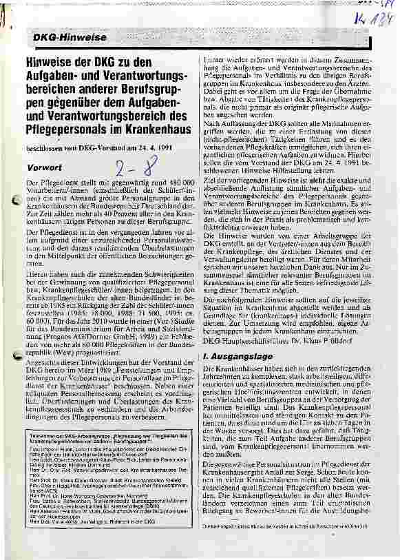 Vorschauseite 1: Hinweise der DKG zu den Aufgabenund Verantwortungsbereichen anderer Berufsgruppen gegenüber dem Aufgabenund Verantwortungsbereich. ..