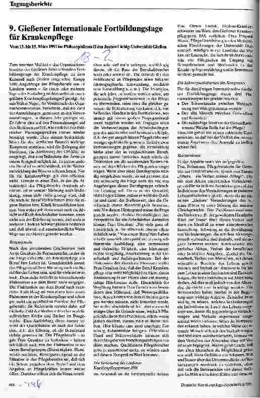 Vorschauseite 1: 9. Gießener Internationale Fortbildungstage für Krankenpflege Vom 12-15.3.1991 im Philosophikum II der Justus-Liebig-Universität
