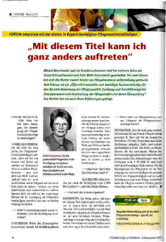 Vorschauseite 1: Mit diesem Titel kann ich ganz anders auftreten Forum-Interview mit der ersten in Bayern beeidigten Pflegesachverständigen